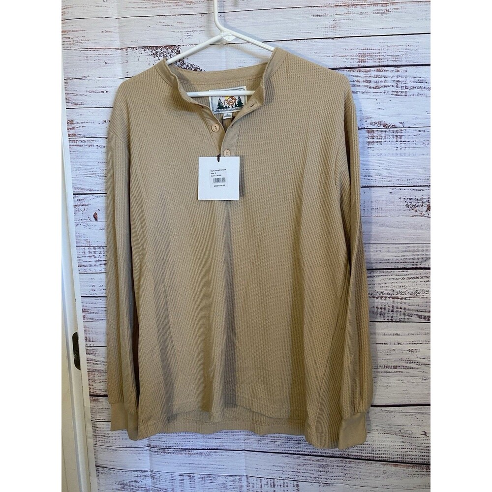 Free Planet Mens Waffle Knit Thermal Henley Shirt Cream Long Sleeve Size Small